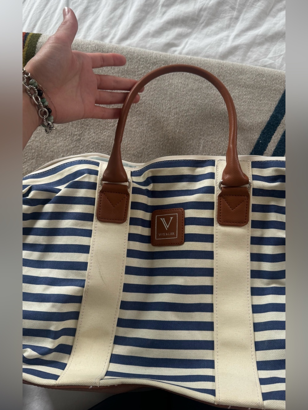 Navy Stripe Canvas Tote Bag with Brown Leather Trim - Picture 2 of 8